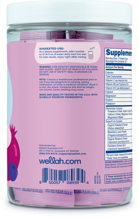 Wellah Splish Splash Hydration (Blueberry Pomegranate) 20 Stick Packs - Electrolyte Drink Mix With Superfruit Complex