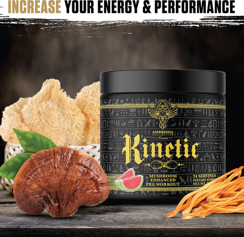 Ambrosia Kinetic Organic Preworkout Mushroom Enhanced Natural Pre Workout Supplement Nootropic Superfood Powder For Energy (Watermelon Candy)