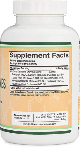 Digestive Enzymes 800mg Blend of All 10 Most Essential Digestive and Pancreatic Enzymes Amylase Lipase Bromelain Lactase Papain Protease Cellulase Maltase Invertase by Double Wood