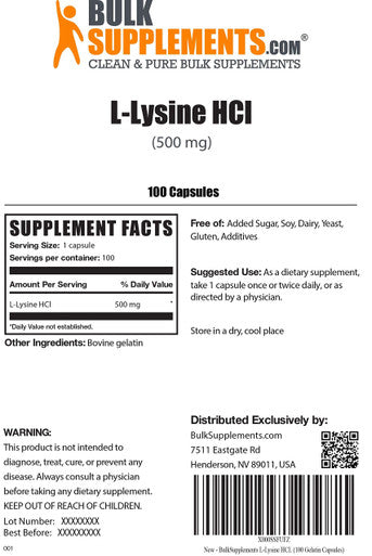 BulkSupplements.com L-Lysine HCL L-Lysine for Cats Immune Support Formula L Lysine Powder Lysine Powder for Cats (100 Gelatin Capsules)