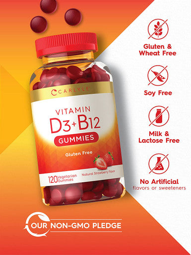 Carlyle Vitamin D3 + B12 Complex Gummies | 120 Count | Vegetarian, Non-GMO, and Gluten Free Formula | Natural Strawberry Flavor Supplement