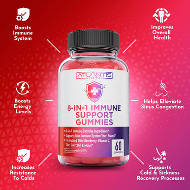Atlantis Nutrition 8-In-1 Immune Support Gummies W/Elderberry - Immune Support Supplement W/Elderberry, Quercetin, Zinc & Vitamin C Gummies - Immunity Boosters For Adults & Kids - Delicious Elderberry Flavor - 60 Count