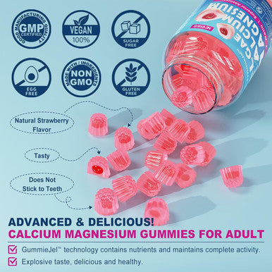 Calcium Supplement Gummy - Bone Strength With Algae Calcium 600Mg, Magnesium 300Mg, Zinc, D3 & B12 Complex - Plant-Based Calcium Magnesium 2:1 Ratio, Calcium Citrate Alternative, Gut-Friendly, 1Pack