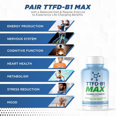 Maxlife Naturals TTFD - B1 Max - Thiamine Vitamin B1 TTFD - 100mg - (Thiamine Tetrahydrofurfuryl Disulfide) Thiamine MAX 60 Capsules by MaxLife Naturals.
