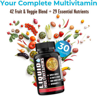 Grab The Gold Liquid Multivitamin Capsules - Fast Absorption, Energy Boost - 42 Fruits & Veggies, Good Source Of Iron, Antioxidants