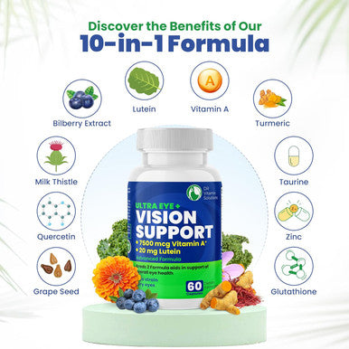 DR VITAMIN SOLUTIONS Vision Support Eye Vitamins For Macular Health Supplements With Lutein, Zinc, Vitamin A & Bilberry Areds 2 Formula (1 Bottle, 60 Capsules)