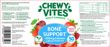 Chewy Vites Adult Bone Support 50 Vitamin Gummies 400mg Calcium Gummies with 20 mcg Vitamin D3 for Bones Teeth & Muscle Function 2-a-Day Vegan Mix of Wild Cherry and Strawberry Flavour