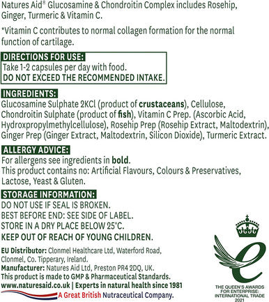 Natures Aid Glucosamine and Chondroitin Complex with Rosehip Ginger Turmeric and Vitamin C 90 Capsules
