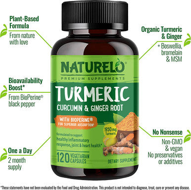 NATURELO Turmeric Curcumin - BioPerine for Better Absorption - Curcuminoids, Black Pepper, Ginger Powder - Plant-Based Joint Support - 120 Vegan Capsules