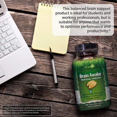 Brain Awake High Performance Booster by Irwin Naturals B Vitamins and MCT Think Clearer and Work Faster 60 Liquid Soft-Gels