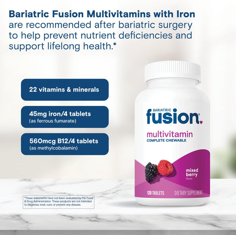 Bariatric Fusion Bariatric Multivitamin with Iron Complete Chewable Mixed Berry Post Bariatric Vitamins for Gastric Bypass and Sleeve Gastrectomy One Month Supply