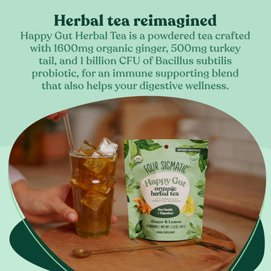 Four Sigmatic Happy Gut Organic Herbal Tea | Organic Lemon Ginger Tea With Probiotics & Turkey Tail Mushroom | Instant Digestive Tea | Vegan Gluten- | Lemon Ginger 24 Servings