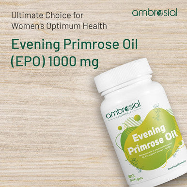 Ambrosial Ambrosial Evening Primrose Oil 1000mg (EPO) | Cold Pressed Evening Primrose Oil Capsules | Rich Source of Omega 6 Fatty Acids & GLA | High Strength Evening Primrose Capsules (Pack of 1-60 Softgels)