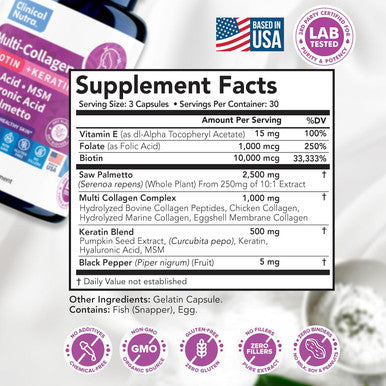 Collagen Peptides L Biotin L Keratin L Hyaluronic Acid L Saw Palmetto - Hair Growth Vitamins For Women And Men Supplement - Dht Blocker Supplements 90 Capsules Usa Made