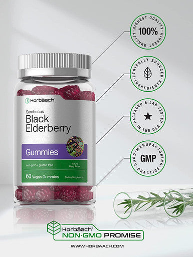 Sambucus Black Elderberry Gummies | 60 Count | with Zinc and Vitamin C | Vegan, Non-GMO, Gluten Free Extract for Adults | Natural Berry Flavor | by Horbaach