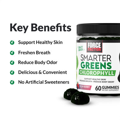 Force Factor Smarter Greens Chlorophyll Gummies to Support Skin Care, Clear Skin, and Healthy Skin, Fight Bad Breath, and Reduce Body Odor, Deodorant for Women and Men, Fresh Berry Flavor, 60 Gummies