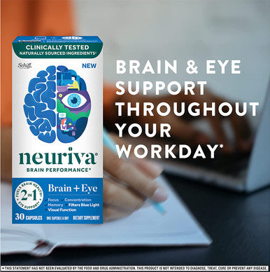 NEURIVA Brain Eye Supplement for Memory Focus Concentration with Lutein Vitamins A C E and Zinc for Eye Health Zeaxanthin to Filter Blue Light 30ct Capsules