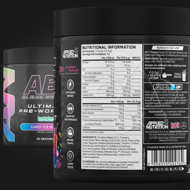Applied Nutrition ABE Pre Workout All Black Everything Pre Workout Powder Energy and Physical Performance with Citrulline Creatine Beta Alanine (375g 30 Servings) (Candy Ice Blast)