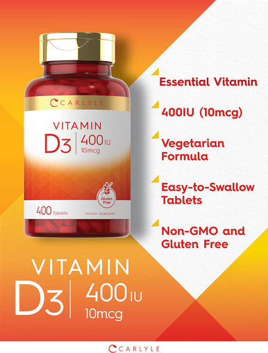Carlyle Vitamin D3 | 400iu (10mcg) | 400 Tablets | Value Size | Vegetarian Non-GMO and Gluten Formula | Vitamin D Supplement
