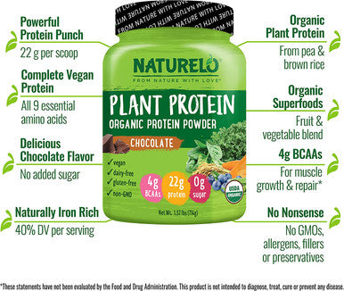 NATURELO Plant Protein Powder, Chocolate, 22g Protein - Non-GMO, Vegan, No Gluten, Dairy, or Soy - No Artificial Flavors, Synthetic Coloring, Preservatives, or Additives - 20 Servings