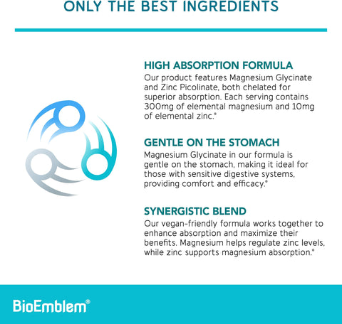 BioEmblem Magnesium Glycinate with Zinc 300mg Chelated Magnesium Supplement High Absorption Vegan NonGMO 2in1 Complex Immune Support Muscles Nerves 90 Capsules