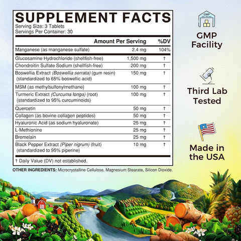 Vitalitown Glucosamine Chondroitin Msm Collagen Boswellia Turmeric Hyaluronic Acid Bromelain Triple Action+ Formula 12 Ingredients 90 Tablets No Shellfish