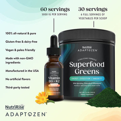 AdaptoZen Super Greens Vitamin D3 K2 Ultimate Wellness Bundle to Support Immunity Mood Energy Sleep Gut Health. Vegetarian Supplements for Men Women in Partnership with Michael Beckwith