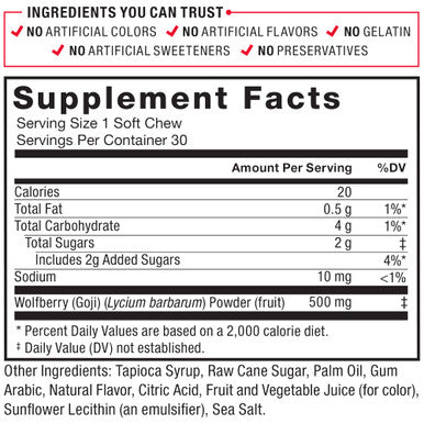 Force Factor Goji Berry Soft Chews Superfood Antioxidants Supplement to Support Healthy Eyes and Skin, Immune Health, and Inflammation, Non-GMO, Gluten-Free, & Vegan, Goji Berry Flavor, 30 Soft Chews