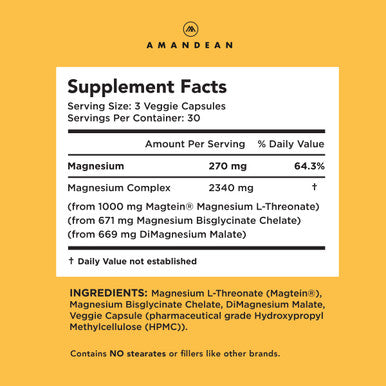 Amandean Magnesium L-Threonate Complex Magtein Glycinate Malate Supplement 90 Veggie Capsules High Absorption Bisglycinate Chelate + DiMagnesium Malate. Brain Health Memory, Focus Sleep Calm*.