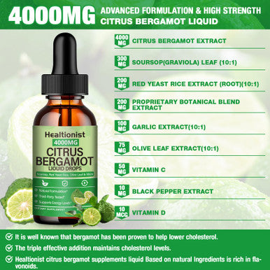 Healtionist 2 Packs 4000Mg Citrus Bergamot Liquid Drops - Cholesterol Lowering Supplement For Immune Support Anti-Aging Hight Cholesterol - Soursop Bitters Liquid High Absorption 4 Fl Oz