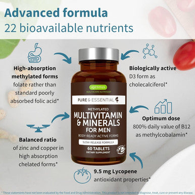 Igennus Methylated High Strength Vegan Men's Daily Multivitamin Without Iron Energy, Immunity & Heart Support, Methylated B-Vitamins Plus Lycopene Clean Label Slow Release Chelated Minerals 60 Tablets