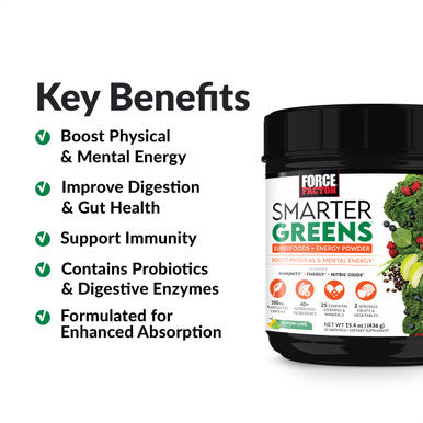 Force Factor Smarter Greens Superfoods + Energy Powder, Greens Powder with Plant-Based , Probiotics, and Digestive Enzymes, Superfood Powder to Boost Energy and Support Immunity, 30 Servings