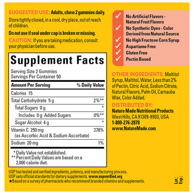 Nature Made Zero Sugar Vitamin C Gummies 250 Mg Per Serving Immune & Antioxidant Support 100 Sugar Free Gummies 50 Day Supply