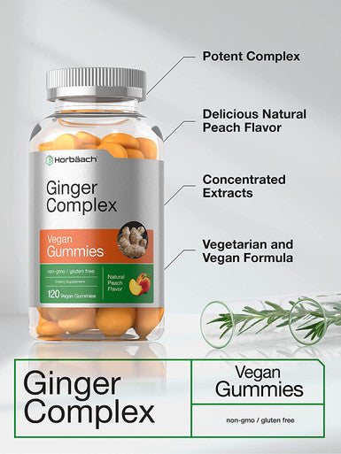 Ginger Supplement | 120 Gummies | Peach Flavor Chews | Ginger Complex with Turmeric | Vegan, Non-GMO, Gluten Free | by Horbaach