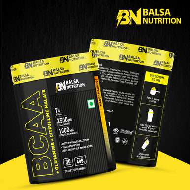 Balsa Nutrition BCAA With Glutamine + Citrulline Malate Powder- 405g, 30 Serving (Mango Madness) | Amino Acid For Muscle Recovery & Endurance, Boost Energy & Immune | Non- GMO