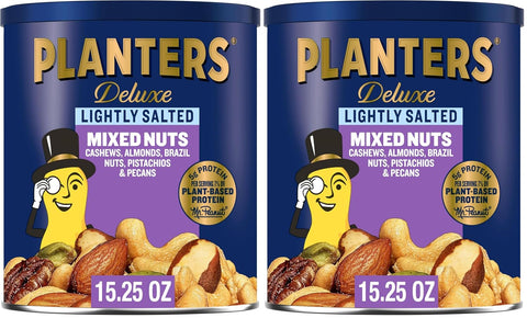 PLANTERS Deluxe Mixed Nuts, Cashews, Almonds, Brazil Nuts Mix, Pistachios, Pecans, Lightly Salted, Snacks for Adults and Kids, Party Snack, 15.25oz