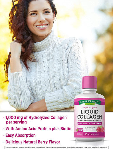 Nature's Truth Liquid Collagen 16 oz Non-GMO, Gluten Supplement Natural Berry Flavor Collagen Peptide Formula for Women and Men, Off-White (469467)