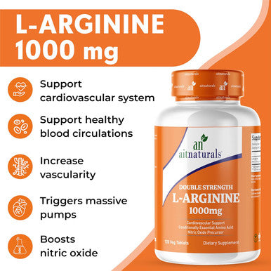 Aitnaturals Double Strength L-Arginine 1000mg (120 Tablets) | Nitric Oxide Precursor Amino Acid | Supports Cardiovascular Health Blood Circulation Muscle Growth Energy & Workout Recovery | Non-GMO