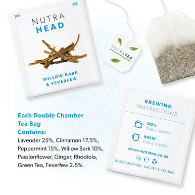 Nutra Tea NUTRAHEAD - Migraine Relief Tea | Headache Relief Tea - For Migraine & Tension Headache Relief - Includes Feverfew Willow Bark & Rhodiola - 20 Enveloped Tea Bags - by - Herbal Tea
