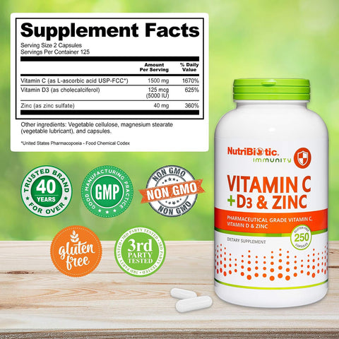 Nutribiotic â€“ Vitamin C + Vitamin D3 & Zinc 250 Capsules Potent Comprehensive Immune Support Essential & Antioxidant Daily Supplement Gluten & Gmo