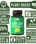 Olive Leaf Extract Capsules. Pure High Strength In Vegan Capsules With 20% Oleuropein, High Antioxidants. Supports Optimal Immune