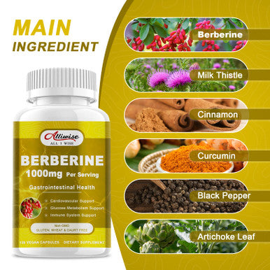 Alliwise Berberine Supplement - 1000Mg Berberine With Ceylon Cinnamon, Milk Thistle & Turmeric Extract, Organic Herbal Formula Support Gastrointestinal Function, Cardiovascular & Glucose Metabolism