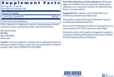 Klaire Labs L-Lysine - 500 Milligrams Essential Amino Acid Support for Immune Health & Collagen Formation, Hypoallergenic & Dairy- (100 Capsules)