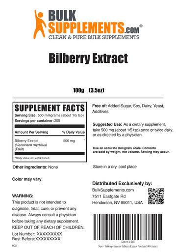 BulkSupplements Bilberry Extract Powder - Antioxidant Powder - Eye Supplements - Vision Supplements - Anthocyanin Supplement - Bilberry Extract 1000mg Supplement (100 Grams - 3.5 oz)