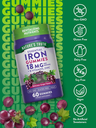 Natures Truth Iron Gummies 60 Count Vegan, Non-Gmo & Gluten Supplement With Zinc & B Vitamins Grape Flavor
