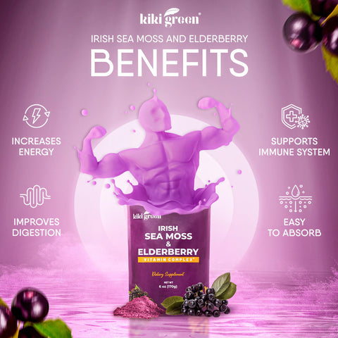 KIKI Green Sea Moss Powder with Elderberry Vegan Superfood Multivitamin Blend for Immune Boost and Support Add to Smoothies Juice 6 oz