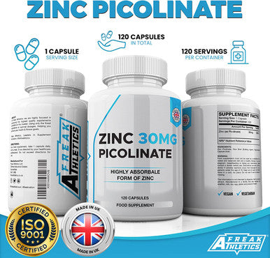Zinc 30mg as Picolinate 120 Capsules Made in The UK by Freak Athletics