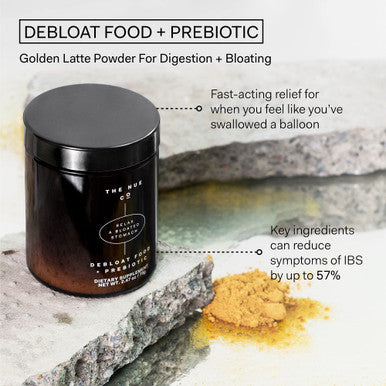 The Nue Co. DEBLOAT Food PREBIOTIC Latte Powder Gut Health and Digestion Instant Bloating Relief Tumeric Ginger Cinnamon with Digestive Enzymes Vegan GlutenFree SugarFree