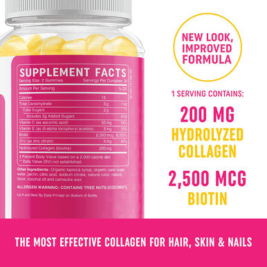 Collagen Gummies 200MG with Biotin 2500MCG Vitamin C E Zinc Lemon Flavor Anti Aging Hair Growth Skin Strong Nails Hydrolyzed Collagen Protein Supplements 60 NonGMO Gummy Vitamins