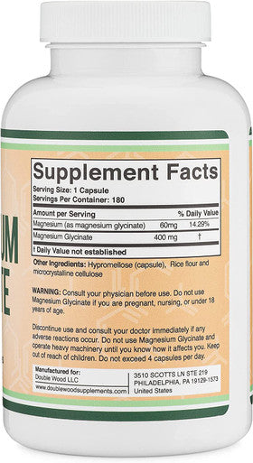 Magnesium Glycinate 400mg 180 Capsules Vegan Safe Manufactured and Third Party Tested in The USA Gluten NonGMO High Absorption Magnesium by Double Wood Supplements